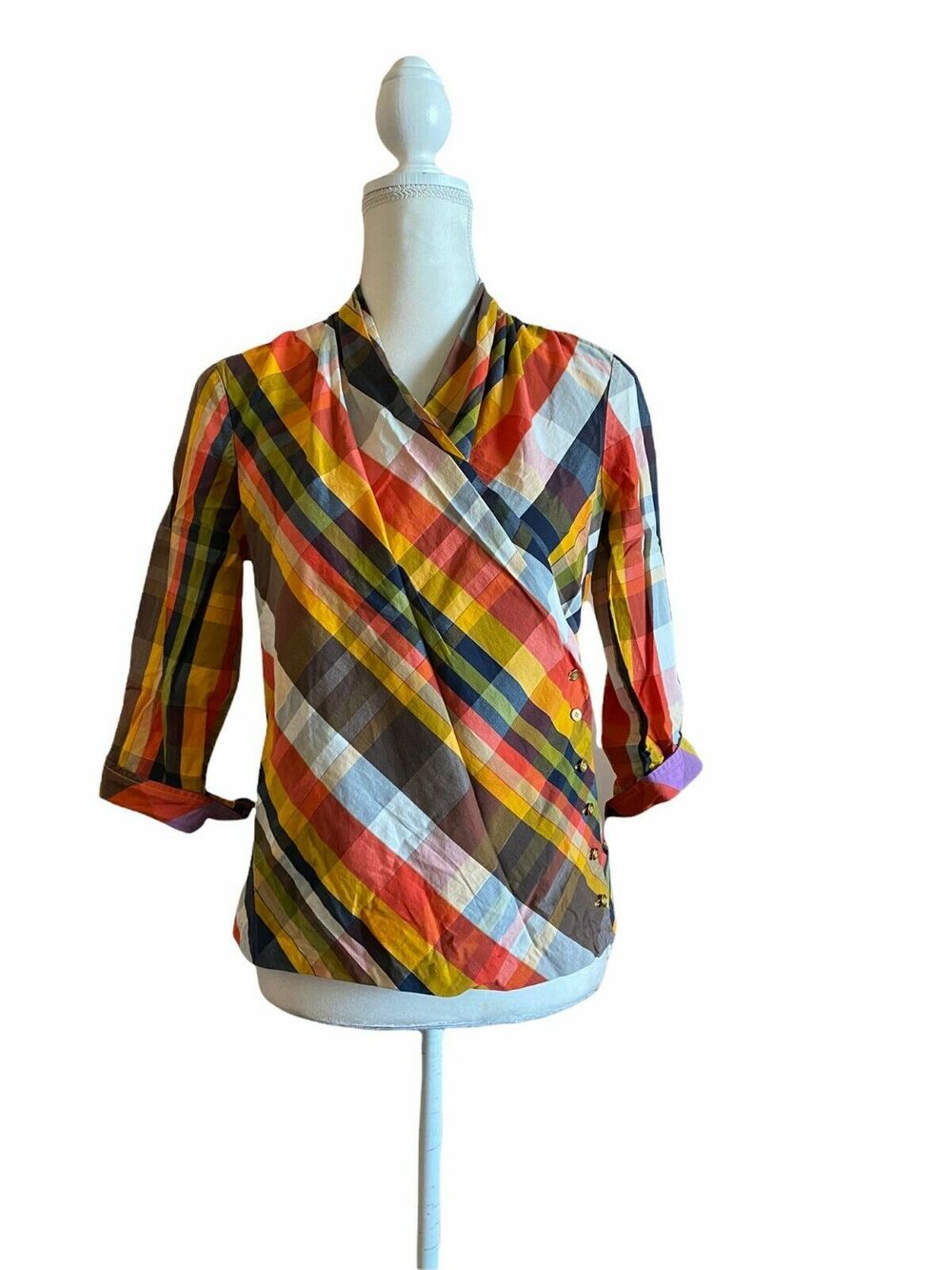 Liz Claiborne NY Plaid Wrap Blouse Shirt Gold Button Orange Yellow Size Medium